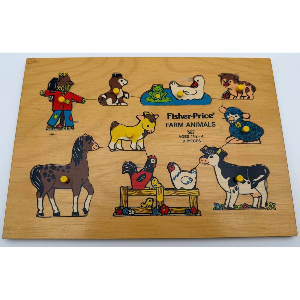 Vintage Fisher Price Farm Animals Wooden Peg Puzzle 507 9 Pieces Toddler Toy